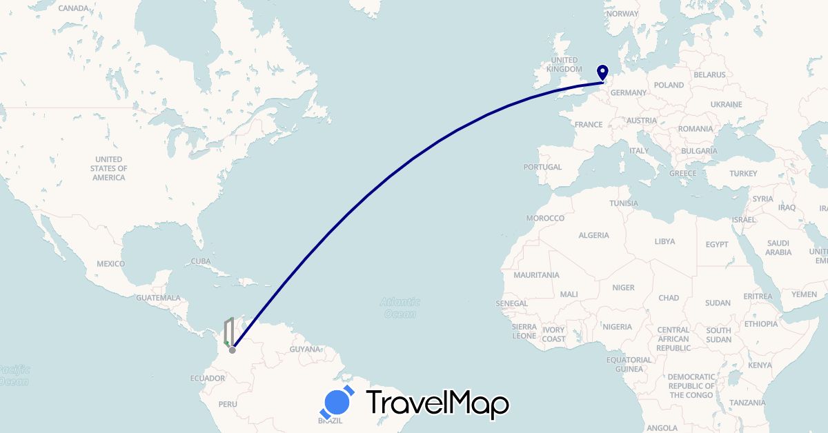 TravelMap itinerary: driving, bus, plane in Colombia, Netherlands (Europe, South America)